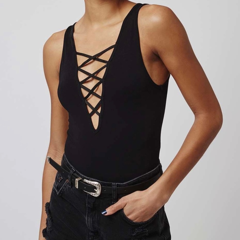 Topshop Black Criss Cross Bodysuit